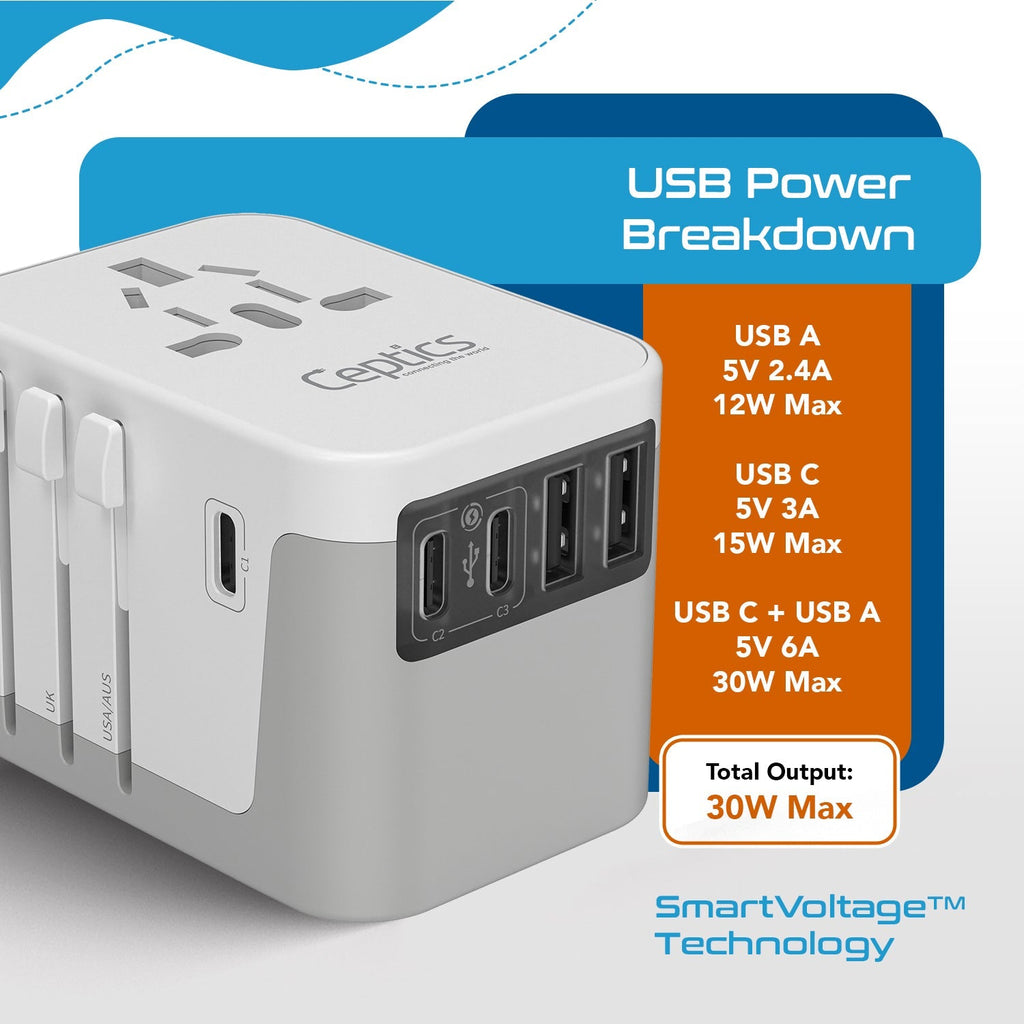 30W 6 in 1 Universal Travel Adapter - 2 USB-A + 3 USB-C - Max. 30W (6A) - White (UP-30KU-WH) Ceptics