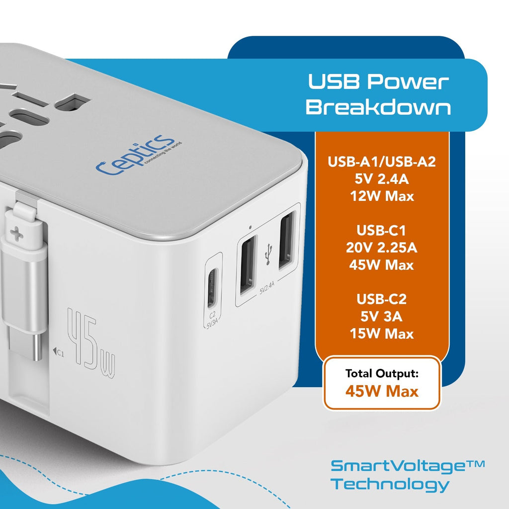 45W 5 in 1 Universal Travel Adapter - 2 USB-A + 1 retractable USB-C cable (PD 45W), & 1 USB-C - Max. 45W (9A) - White (UP-45WC-WH) Ceptics