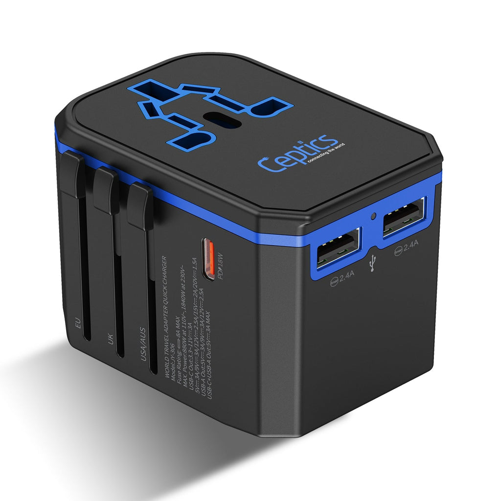All-In-One International Travel Plug Adapter - USB C (PD-QC) - 2 USB Ports (UP-10KU) Ceptics