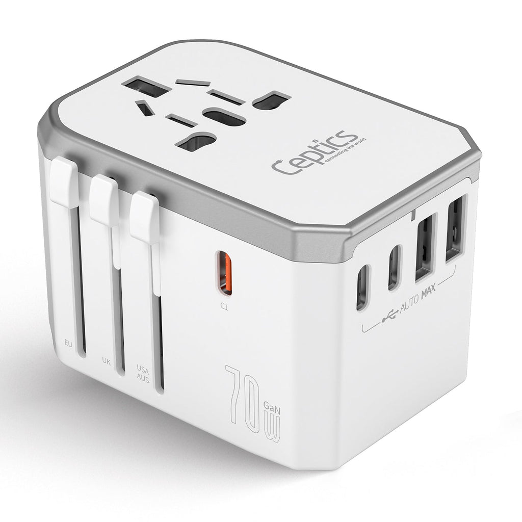 70W 6 in 1 International Travel Plug Adapter - 2 USB-C + 1 GaN 3.0 USB-C & 2 USB ports - Max. 60W (12A) - White (UP-70KU-WH) Ceptics