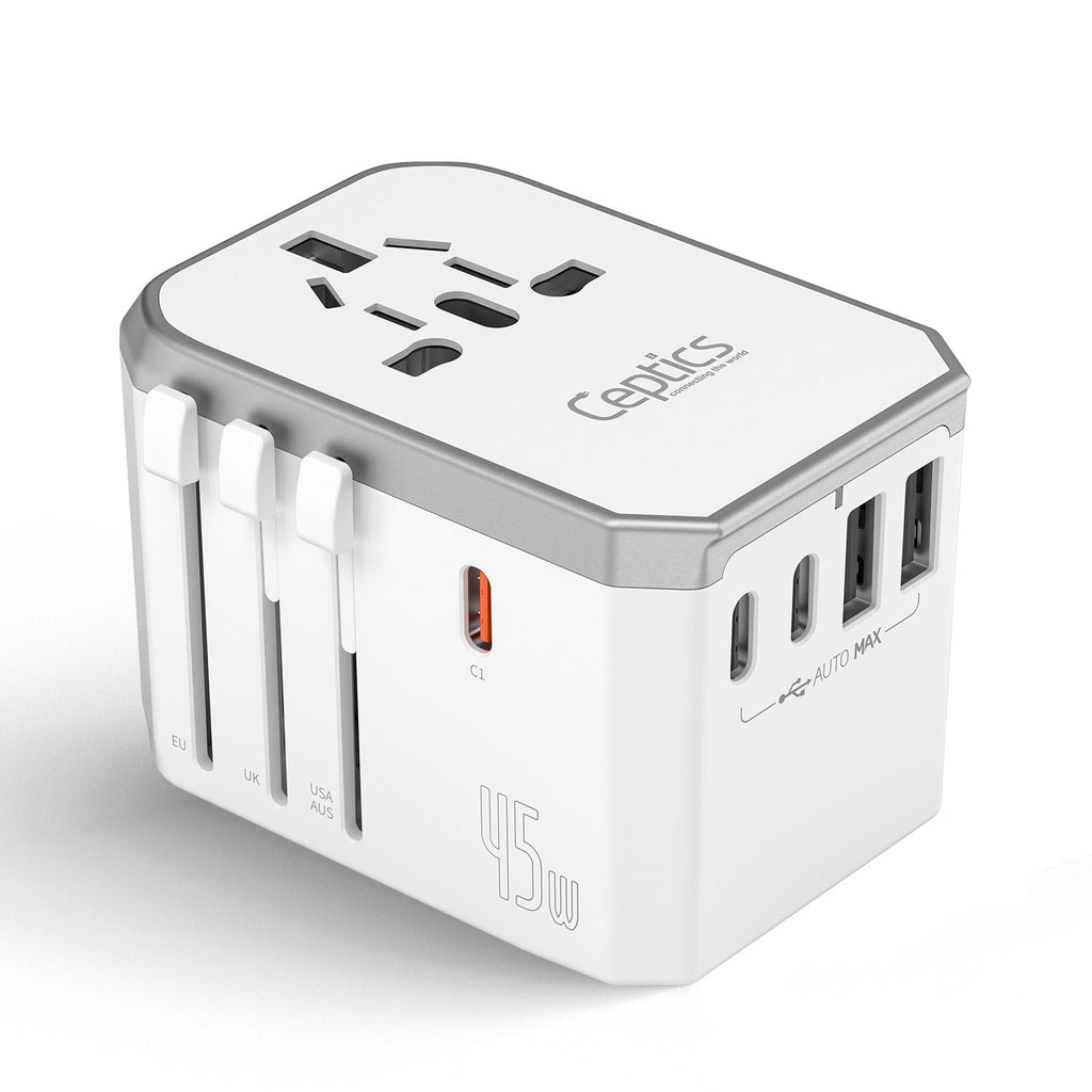 45W 6 in 1 Universal Travel Adapter - 2 USB-A + 3 USB-C - Max. 45W (9A) - White (UP-45KU-WH) Ceptics