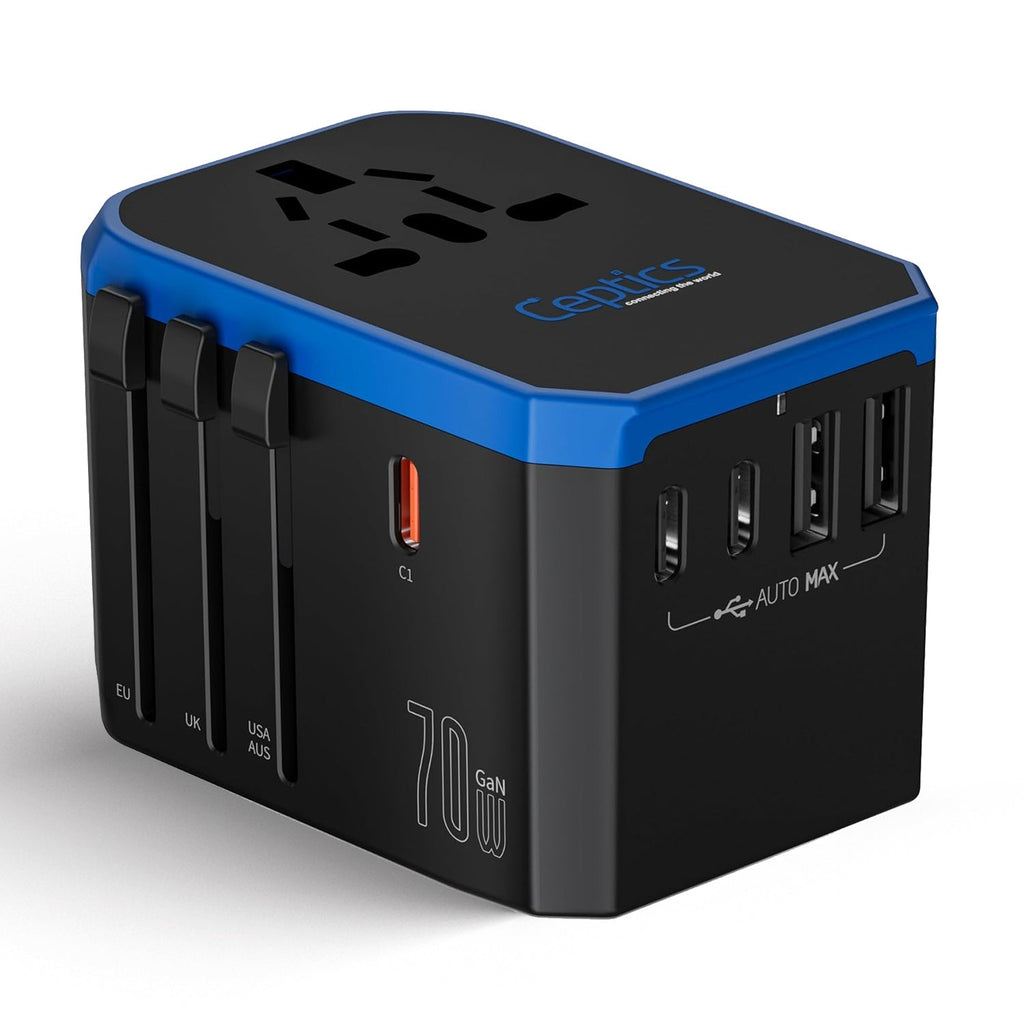 70W International Travel Plug Adapter - 2 USB-C + 1 GaN 3.0 (USB-C) & 2 USB ports (UP-70KU) Ceptics
