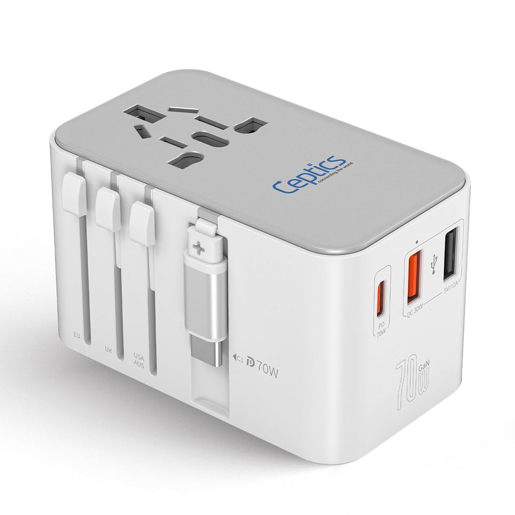 70W Universal Travel Adapter - 2 USB-C + 1 GaN 3.0 retractable cable, USB-C & 1 USB-C - (UP-70WC-WH) Ceptics