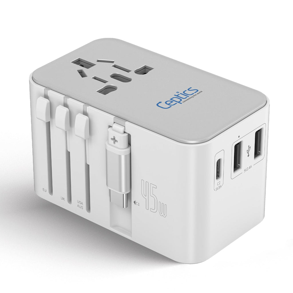 45W 5 in 1 Universal Travel Adapter - 2 USB-A + 1 retractable USB-C cable (PD 45W), & 1 USB-C - Max. 45W (9A) - White (UP-45WC-WH) Ceptics