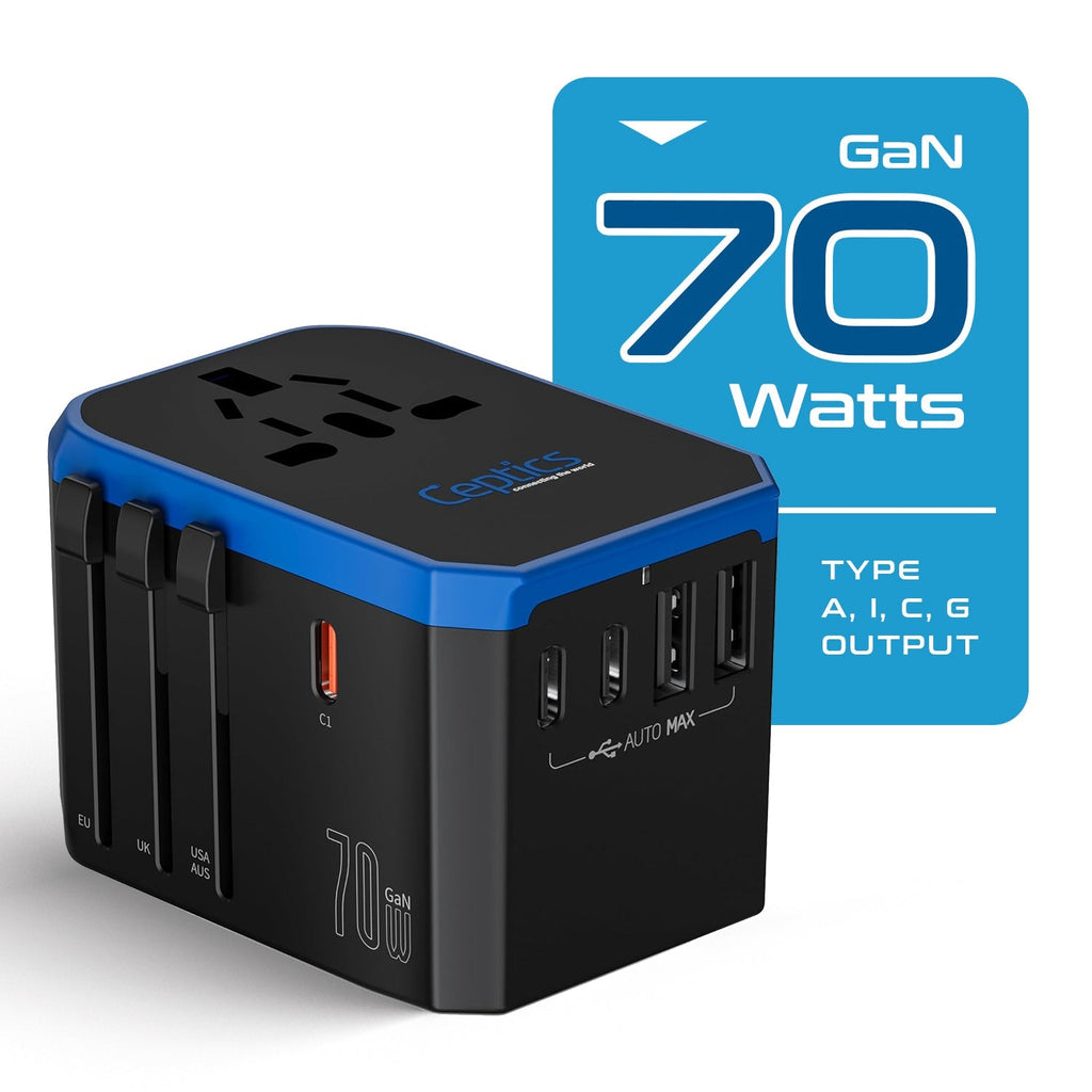 70W International Travel Plug Adapter - 2 USB-C + 1 GaN 3.0 (USB-C) & 2 USB ports (UP-70KU) Ceptics