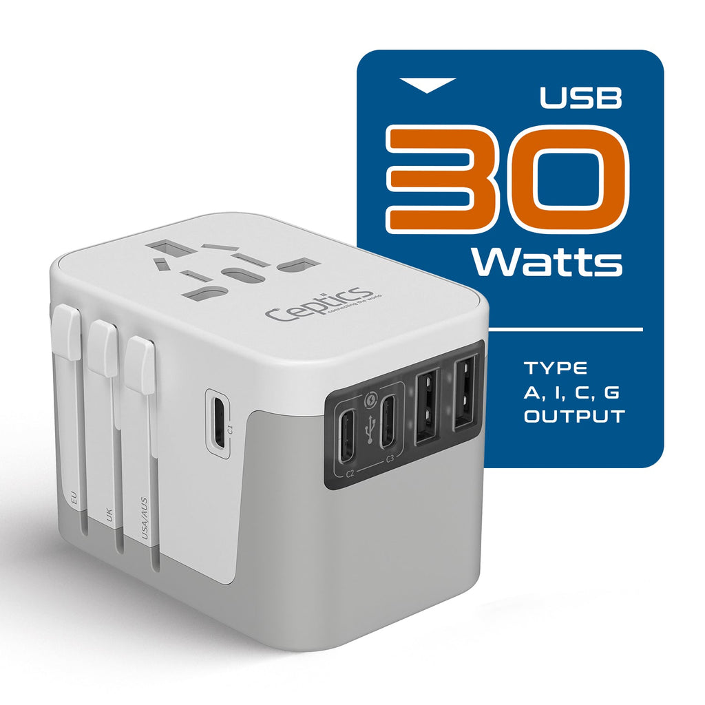 30W 6 in 1 Universal Travel Adapter - 2 USB-A + 3 USB-C - Max. 30W (6A) - White (UP-30KU-WH) Ceptics