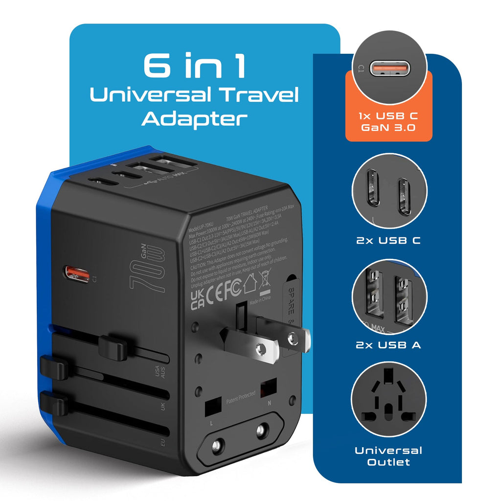 70W International Travel Plug Adapter - 2 USB-C + 1 GaN 3.0 (USB-C) & 2 USB ports (UP-70KU) Ceptics