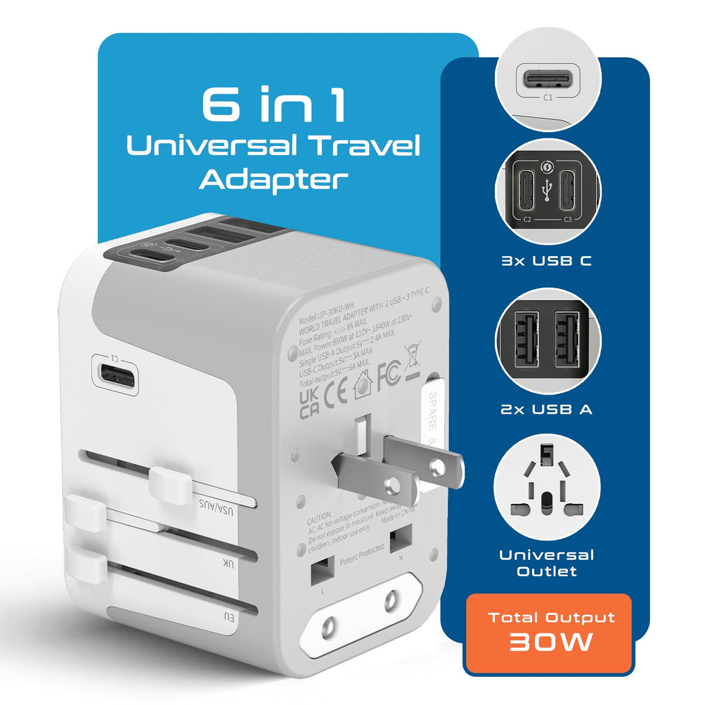 30W 6 in 1 Universal Travel Adapter - 2 USB-A + 3 USB-C - Max. 30W (6A) - White (UP-30KU-WH) Ceptics