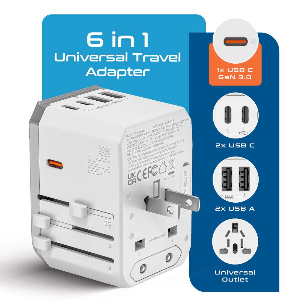 45W 6 in 1 Universal Travel Adapter - 2 USB-A + 3 USB-C - Max. 45W (9A) - White (UP-45KU-WH) Ceptics