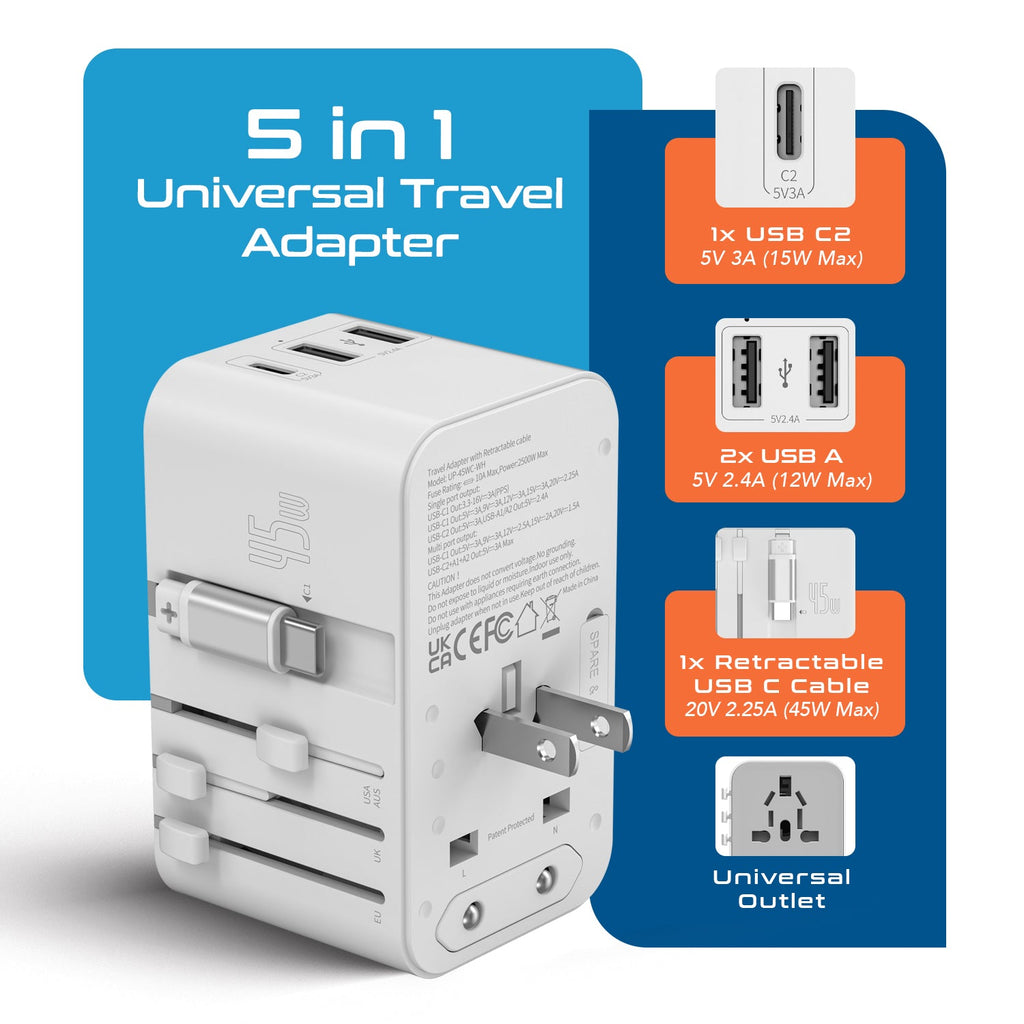 45W 5 in 1 Universal Travel Adapter - 2 USB-A + 1 retractable USB-C cable (PD 45W), & 1 USB-C - Max. 45W (9A) - White (UP-45WC-WH) Ceptics