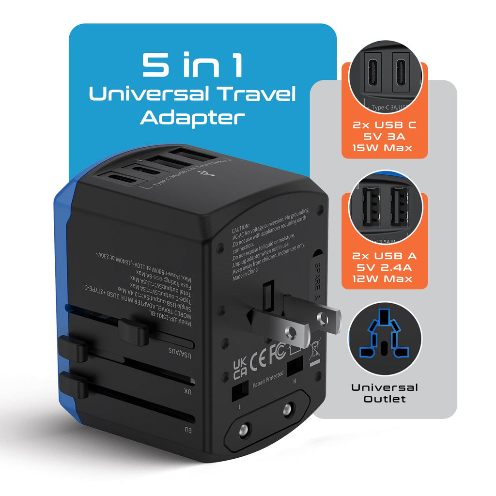 All-In-One International Travel Adapter - 5 in 1 - 2 USB-A & 2 USB-C - Max. 17.5W (3.5A) (UP-15KU-BL) Ceptics