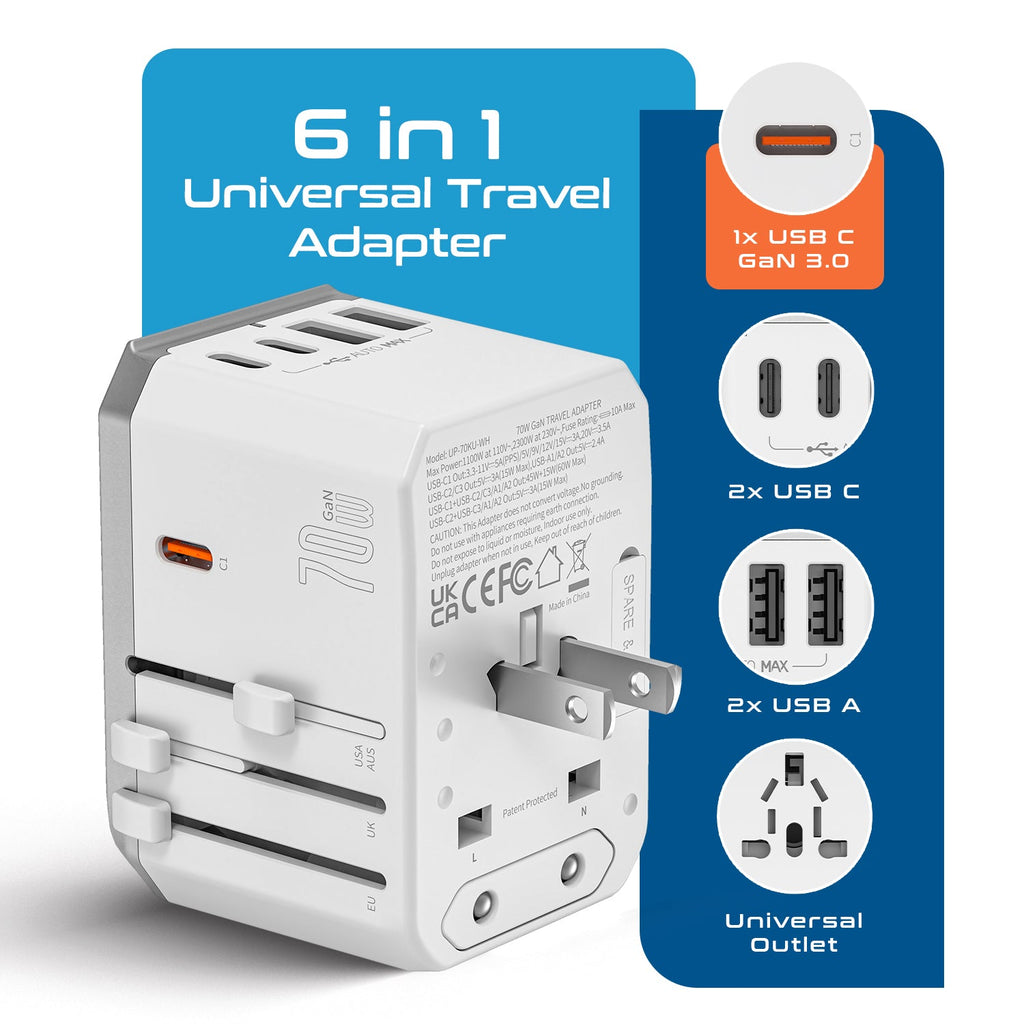 70W 6 in 1 International Travel Plug Adapter - 2 USB-C + 1 GaN 3.0 USB-C & 2 USB ports - Max. 60W (12A) - White (UP-70KU-WH) Ceptics