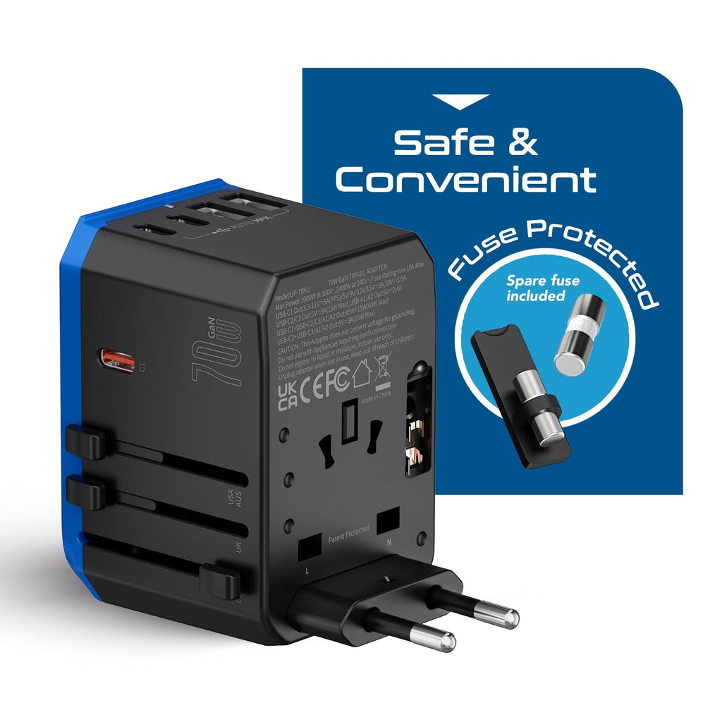 70W International Travel Plug Adapter - 2 USB-C + 1 GaN 3.0 (USB-C) & 2 USB ports (UP-70KU) Ceptics