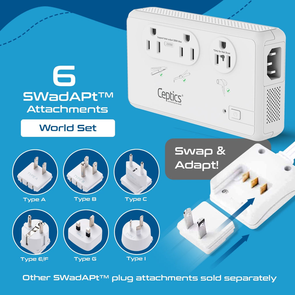 200W/2000W Step Down Converter – 2x 200W, 1x 2000W outlets & 3x USB-A + 1x USB-C – AC 220-240V to 110V-120V Travel Voltage Converter - (LX-C2000) Ceptics