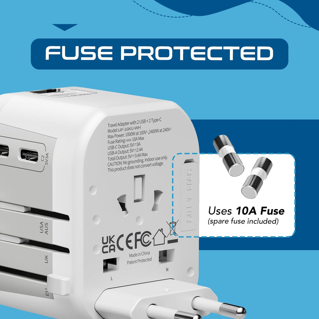 5 in 1 Universal Travel Adapter - 2 USB-A + USB-C - Max. 17W (3.4A) - White (UP-16KU-WH) Ceptics