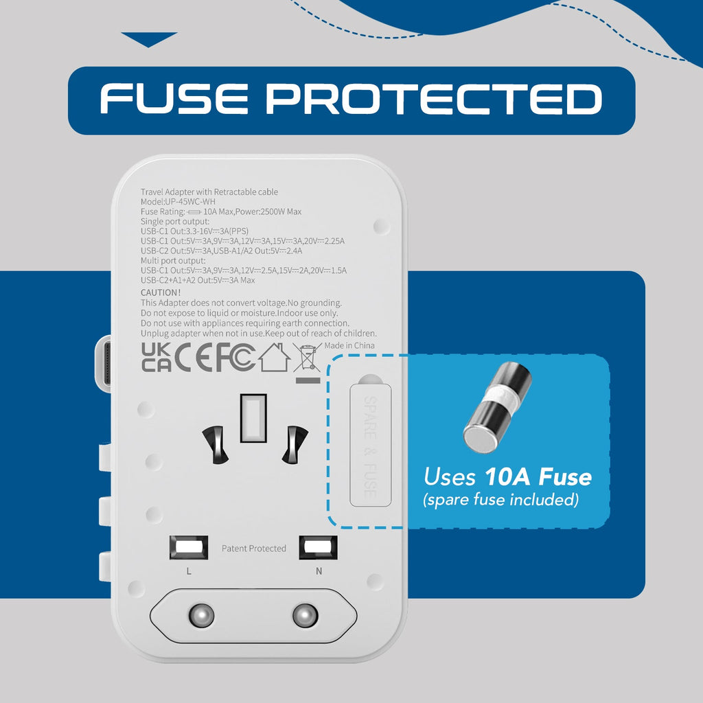 45W 5 in 1 Universal Travel Adapter - 2 USB-A + 1 retractable USB-C cable (PD 45W), & 1 USB-C - Max. 45W (9A) - White (UP-45WC-WH) Ceptics