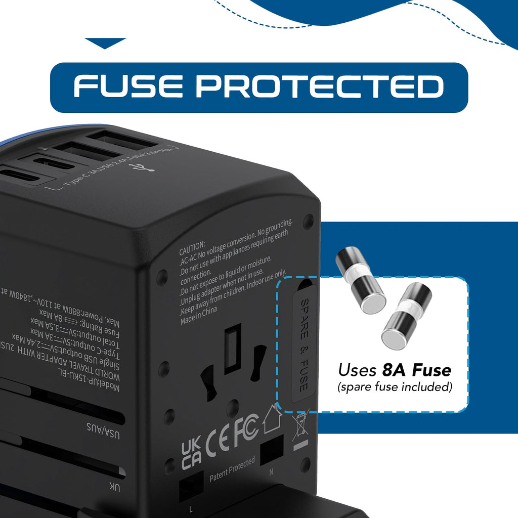 All-In-One International Travel Adapter - 5 in 1 - 2 USB-A & 2 USB-C - Max. 17.5W (3.5A) (UP-15KU-BL) Ceptics