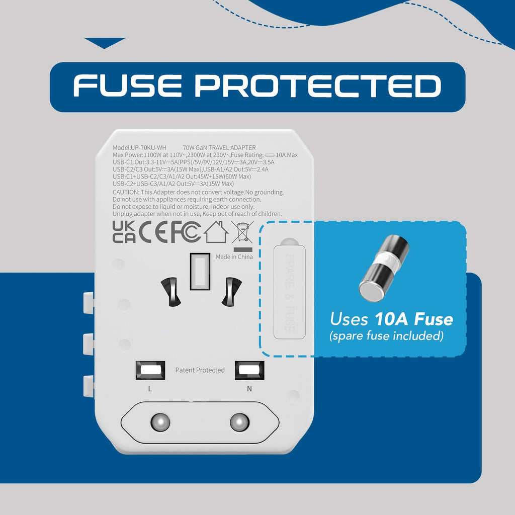 70W 6 in 1 International Travel Plug Adapter - 2 USB-C + 1 GaN 3.0 USB-C & 2 USB ports - Max. 60W (12A) - White (UP-70KU-WH) Ceptics