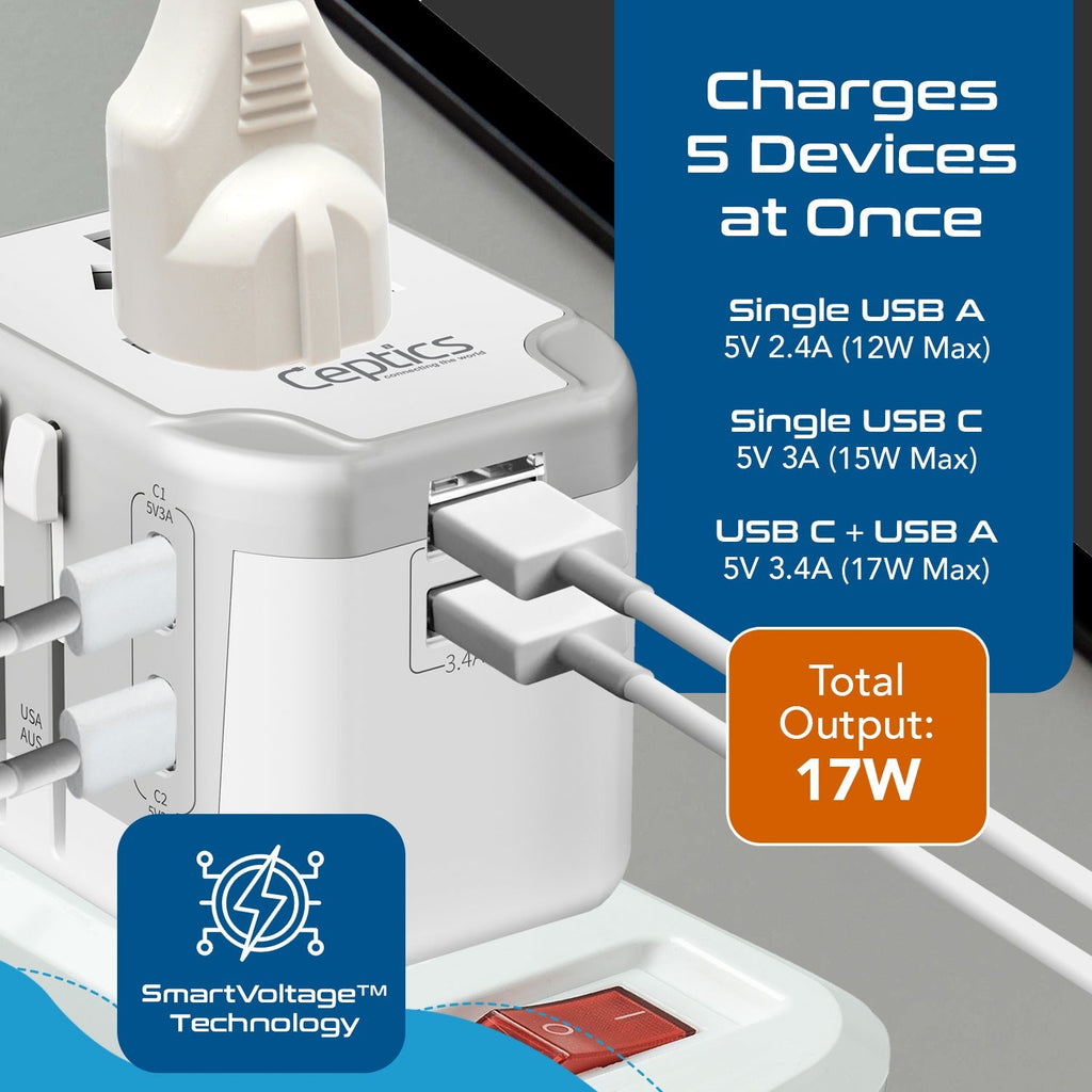 5 in 1 Universal Travel Adapter - 2 USB-A + USB-C - Max. 17W (3.4A) - White (UP-16KU-WH) Ceptics
