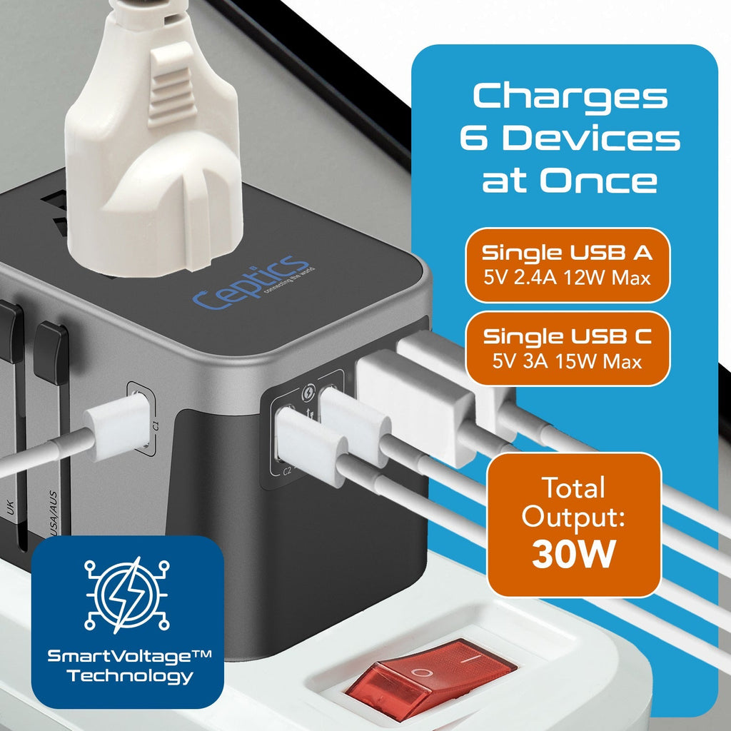 30W 6 in 1 Universal Travel Adapter - 2 USB-A + 3 USB-C - Max. 30W (6A) (UP-30KU-BL) Ceptics
