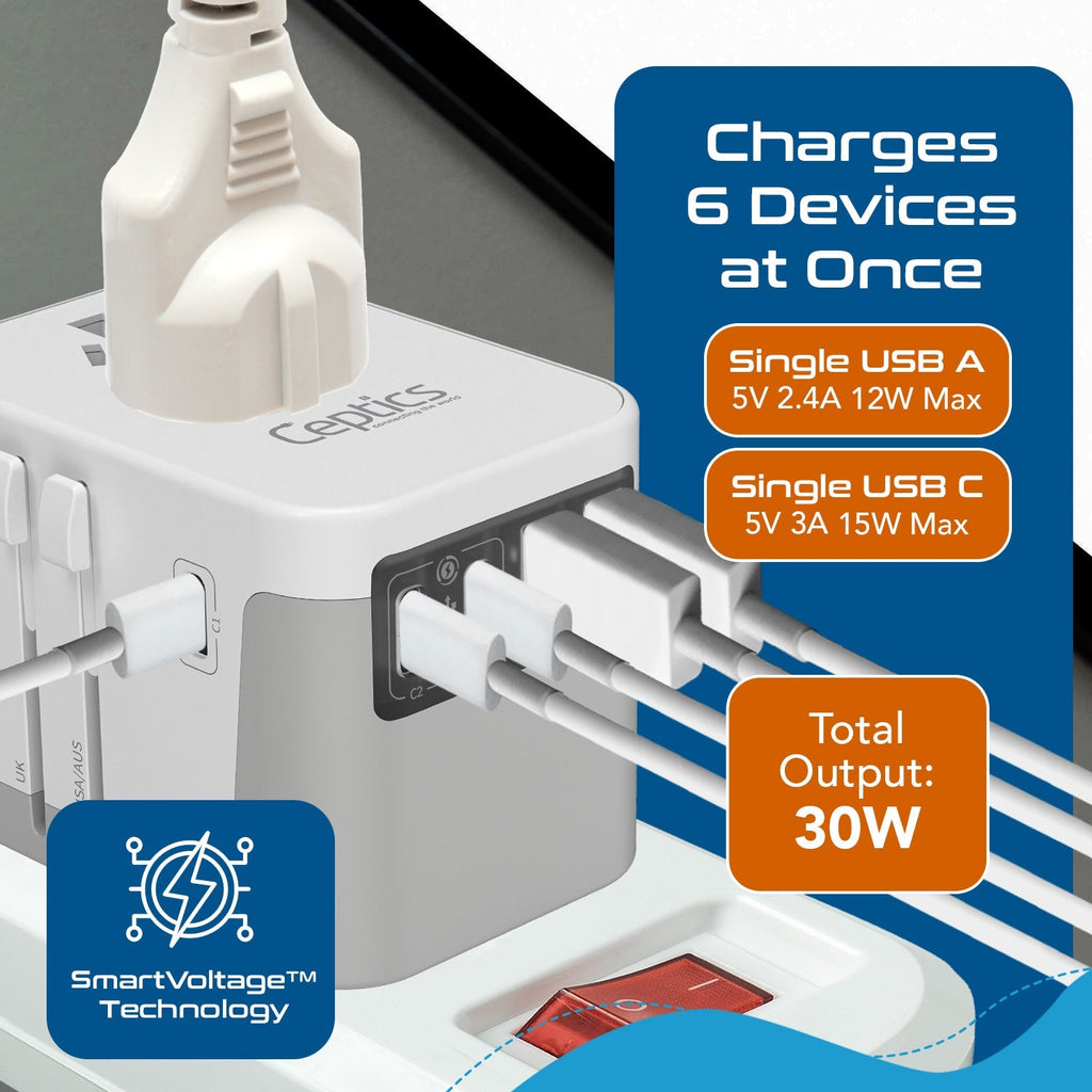 30W 6 in 1 Universal Travel Adapter - 2 USB-A + 3 USB-C - Max. 30W (6A) - White (UP-30KU-WH) Ceptics