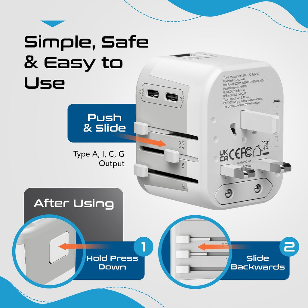 5 in 1 Universal Travel Adapter - 2 USB-A + USB-C - Max. 17W (3.4A) - White (UP-16KU-WH) Ceptics