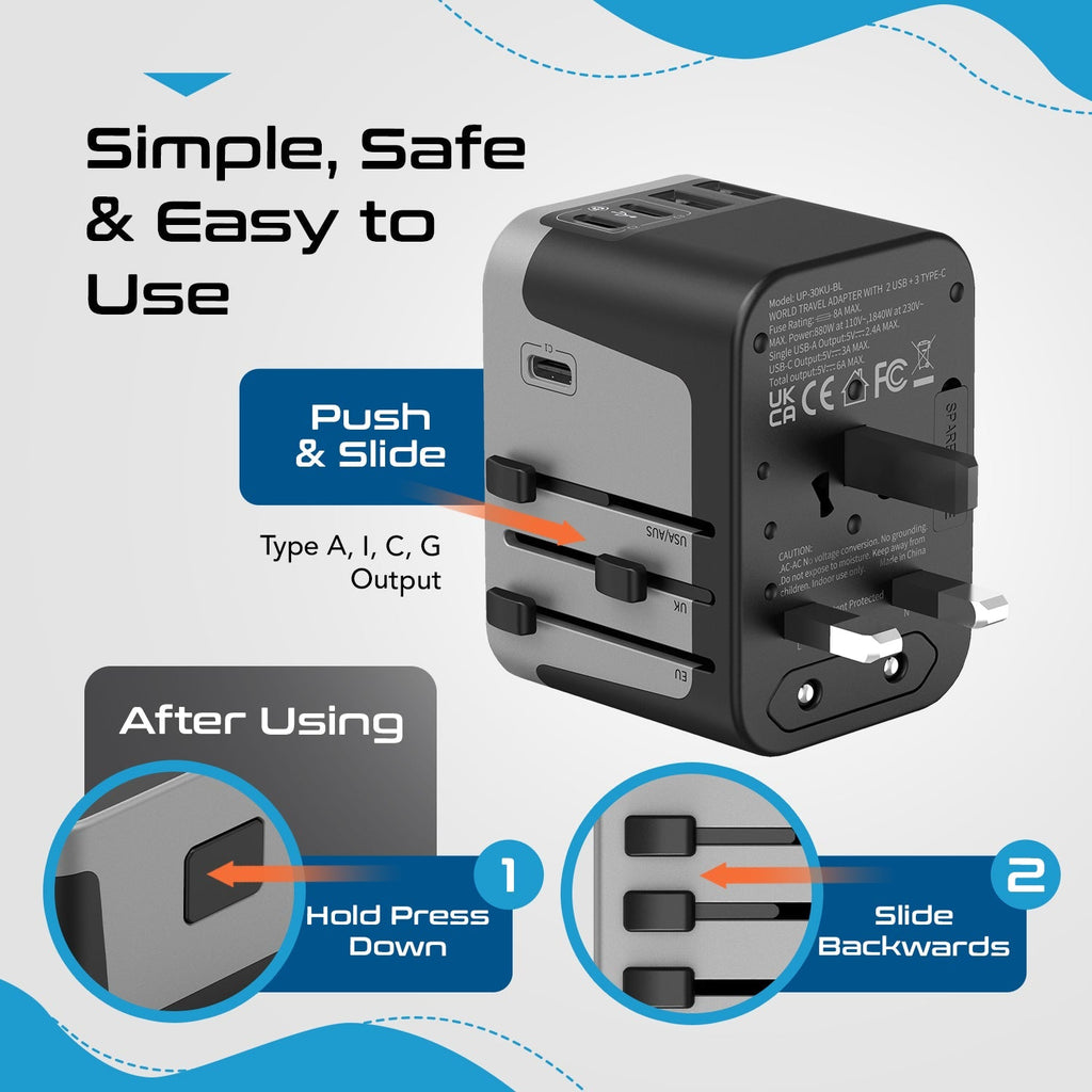 30W 6 in 1 Universal Travel Adapter - 2 USB-A + 3 USB-C - Max. 30W (6A) (UP-30KU-BL) Ceptics