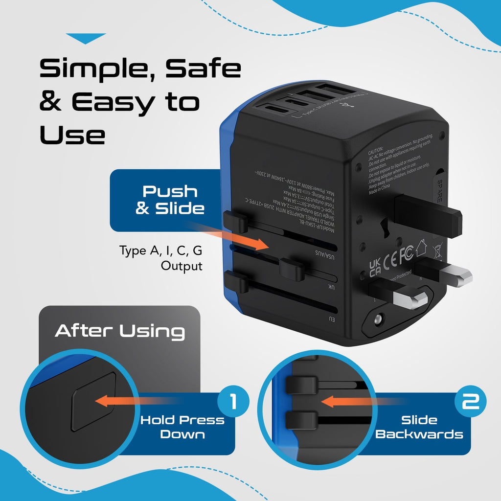 All-In-One International Travel Adapter - 5 in 1 - 2 USB-A & 2 USB-C - Max. 17.5W (3.5A) (UP-15KU-BL) Ceptics