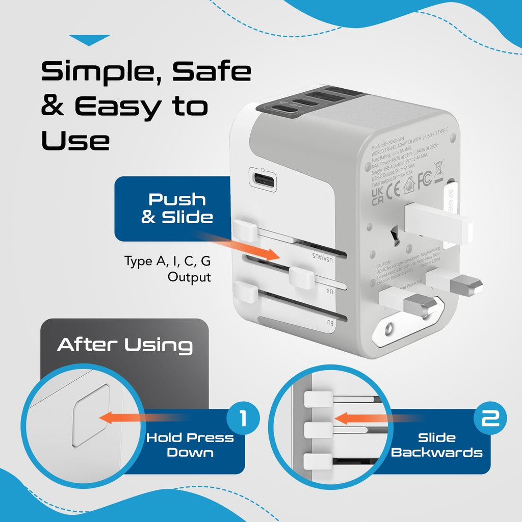 30W 6 in 1 Universal Travel Adapter - 2 USB-A + 3 USB-C - Max. 30W (6A) - White (UP-30KU-WH) Ceptics