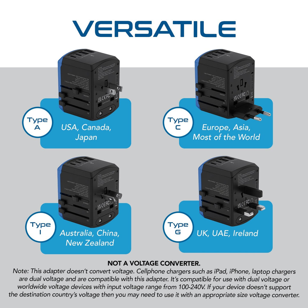 All-In-One International Travel Adapter - 5 in 1 - 2 USB-A & 2 USB-C - Max. 17.5W (3.5A) (UP-15KU-BL) Ceptics