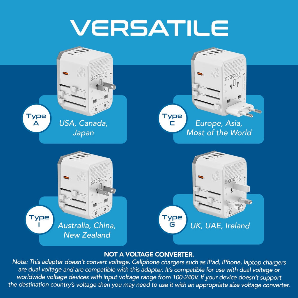 45W 6 in 1 Universal Travel Adapter - 2 USB-A + 3 USB-C - Max. 45W (9A) - White (UP-45KU-WH) Ceptics