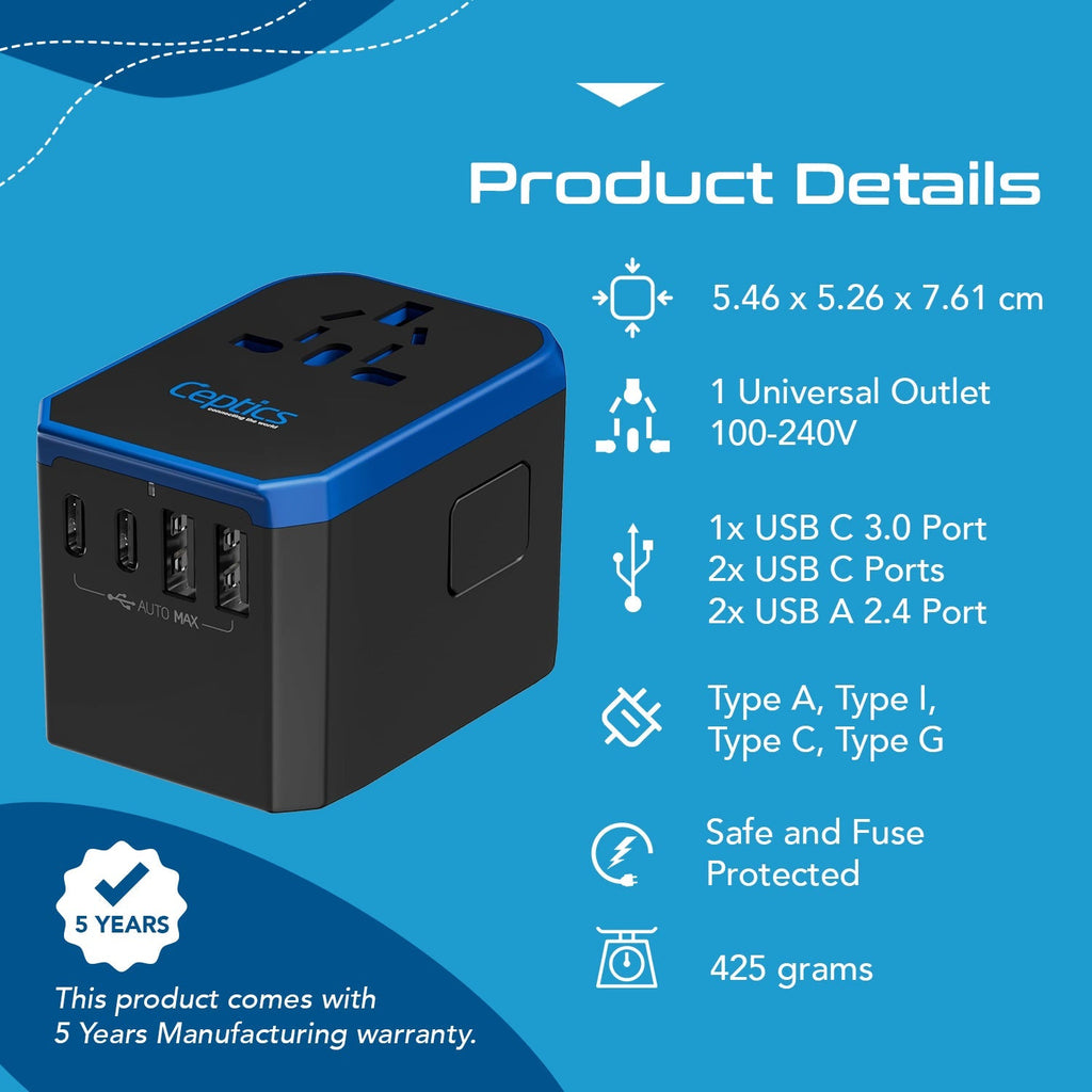 70W International Travel Plug Adapter - 2 USB-C + 1 GaN 3.0 (USB-C) & 2 USB ports (UP-70KU) Ceptics