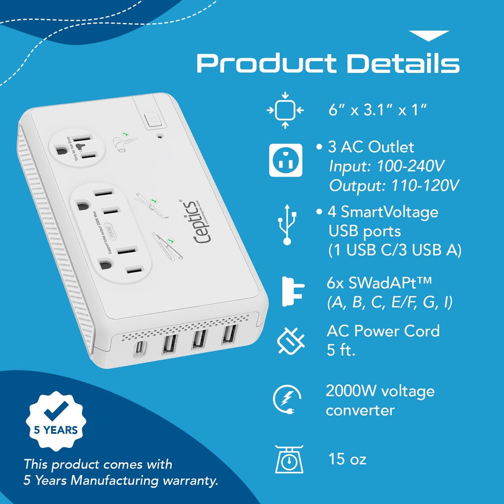 200W/2000W Step Down Converter – 2x 200W, 1x 2000W outlets & 3x USB-A + 1x USB-C – AC 220-240V to 110V-120V Travel Voltage Converter - (LX-C2000) Ceptics