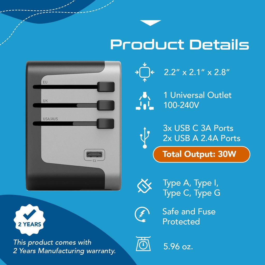 30W 6 in 1 Universal Travel Adapter - 2 USB-A + 3 USB-C - Max. 30W (6A) (UP-30KU-BL) Ceptics