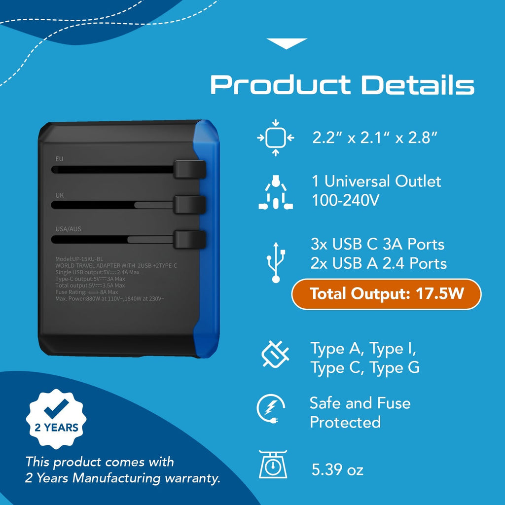All-In-One International Travel Adapter - 5 in 1 - 2 USB-A & 2 USB-C - Max. 17.5W (3.5A) (UP-15KU-BL) Ceptics