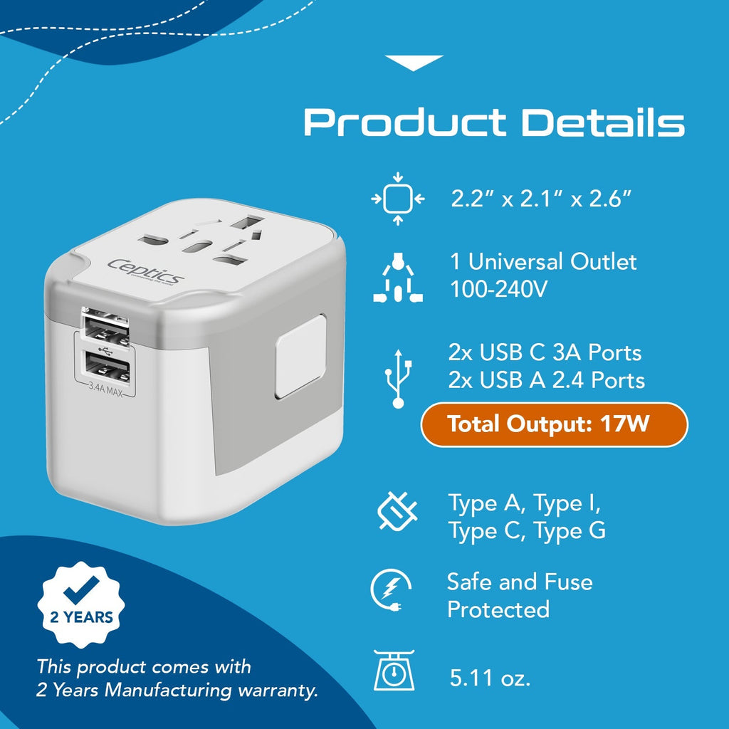 5 in 1 Universal Travel Adapter - 2 USB-A + USB-C - Max. 17W (3.4A) - White (UP-16KU-WH) Ceptics