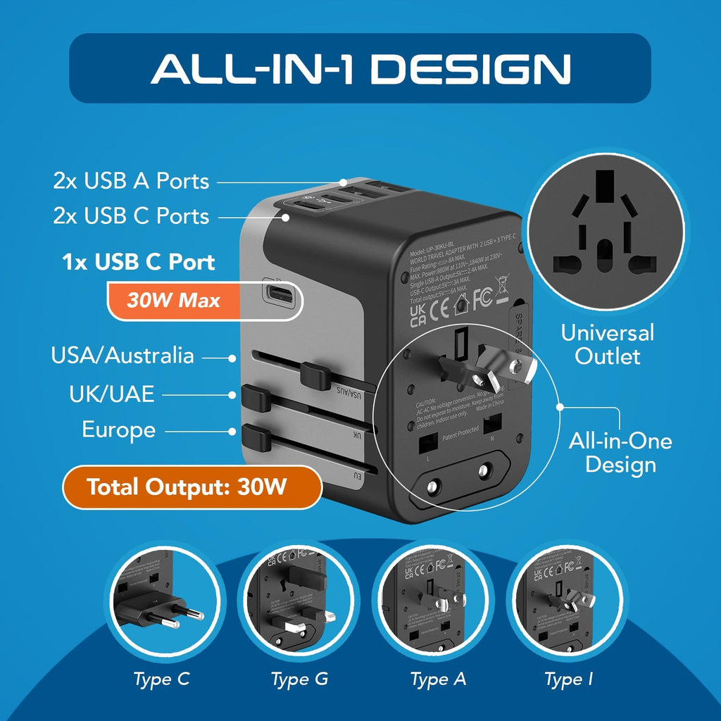 30W 6 in 1 Universal Travel Adapter - 2 USB-A + 3 USB-C - Max. 30W (6A) (UP-30KU-BL) Ceptics