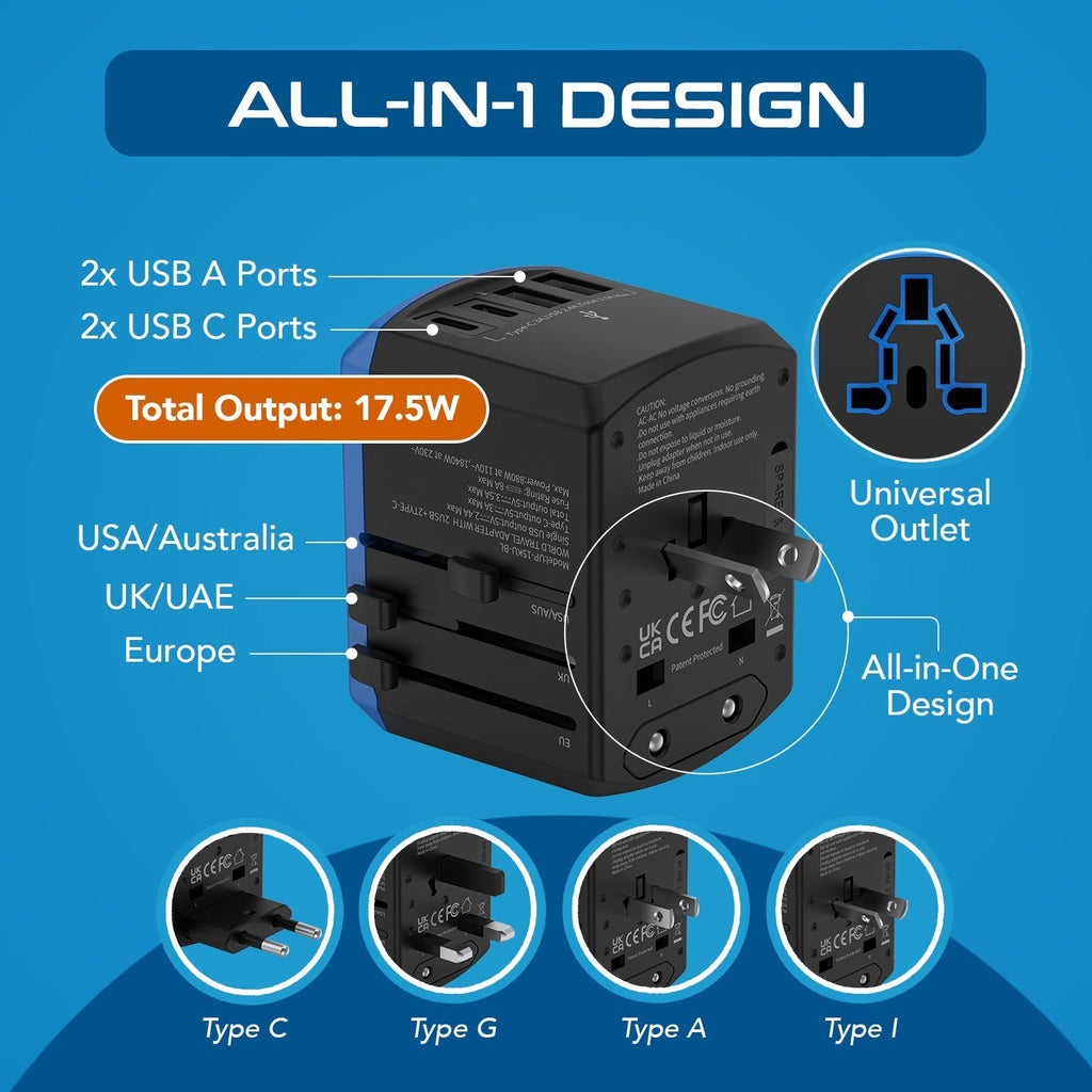 All-In-One International Travel Adapter - 5 in 1 - 2 USB-A & 2 USB-C - Max. 17.5W (3.5A) (UP-15KU-BL) Ceptics