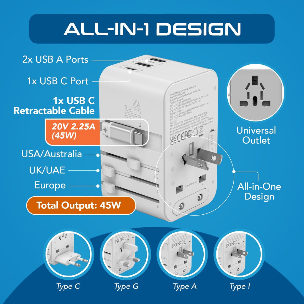 45W 5 in 1 Universal Travel Adapter - 2 USB-A + 1 retractable USB-C cable (PD 45W), & 1 USB-C - Max. 45W (9A) - White (UP-45WC-WH) Ceptics