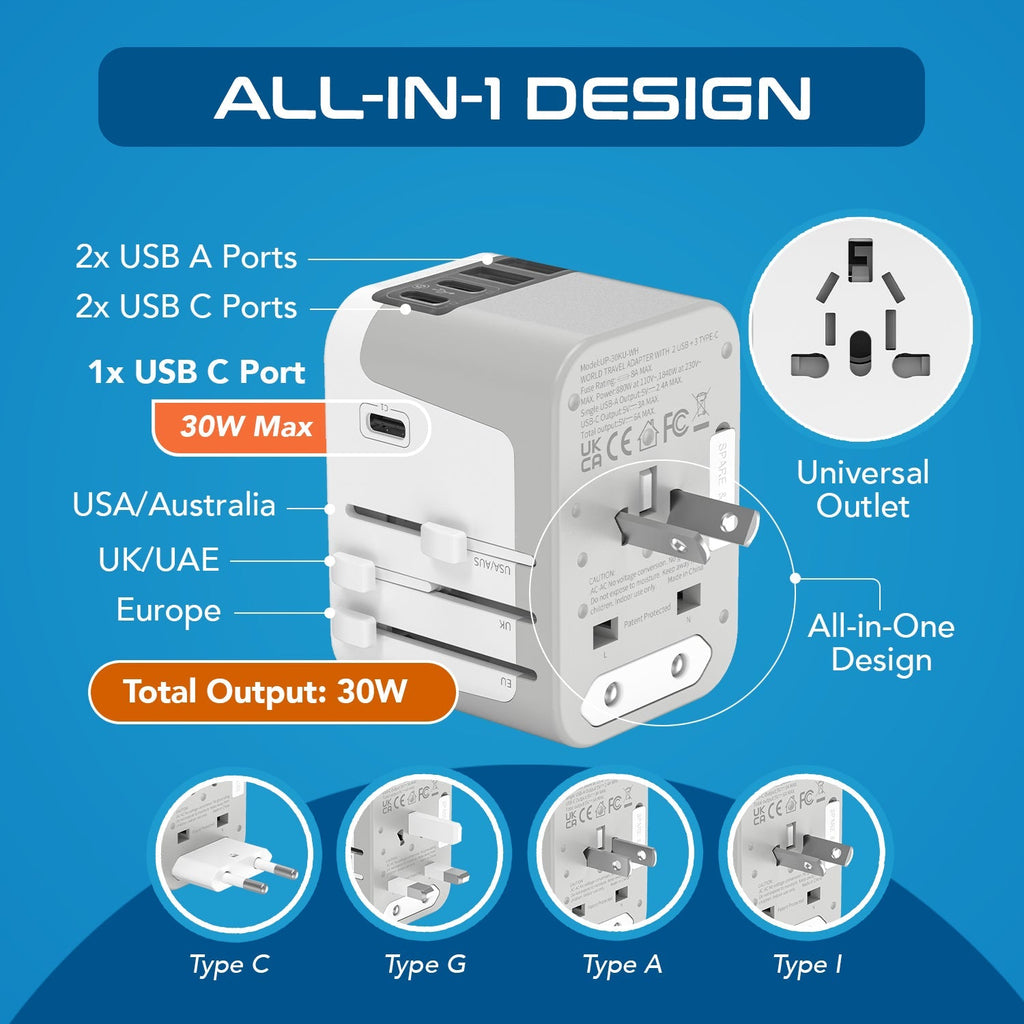 30W 6 in 1 Universal Travel Adapter - 2 USB-A + 3 USB-C - Max. 30W (6A) - White (UP-30KU-WH) Ceptics