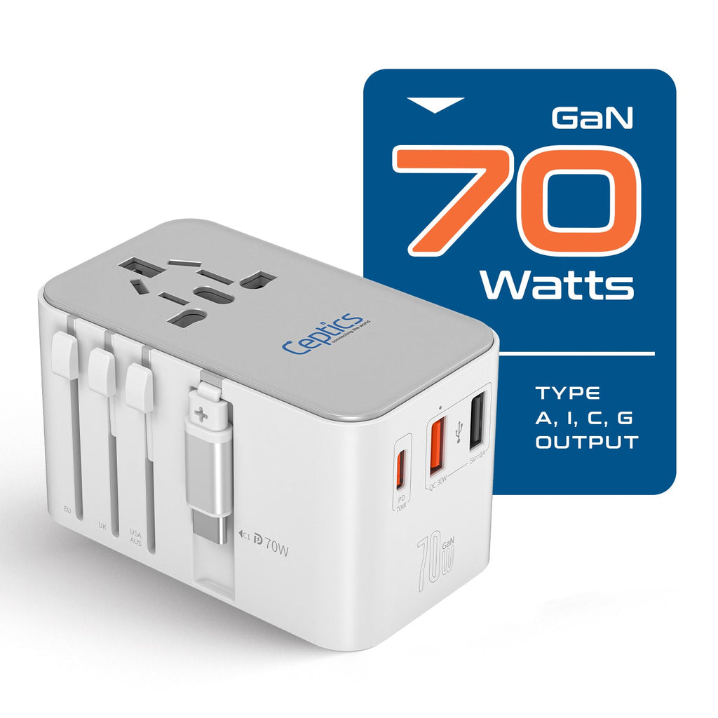 70W Universal Travel Adapter - 2 USB-C + 1 GaN 3.0 retractable cable, USB-C & 1 USB-C - (UP-70WC-WH) Ceptics