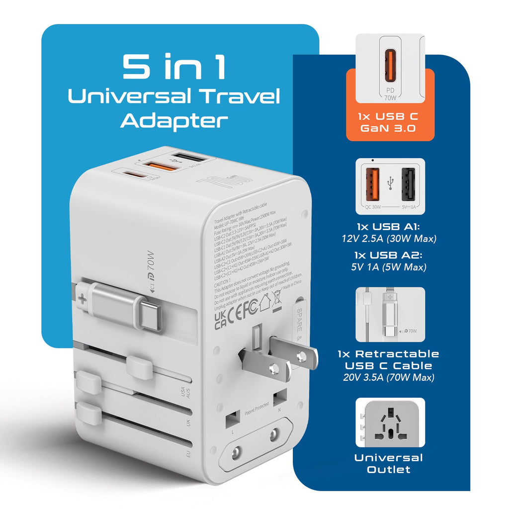 70W Universal Travel Adapter - 2 USB-C + 1 GaN 3.0 retractable cable, USB-C & 1 USB-C - (UP-70WC-WH) Ceptics