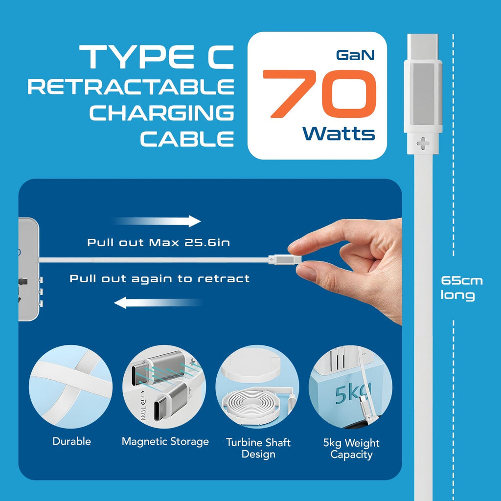 70W Universal Travel Adapter - 2 USB-C + 1 GaN 3.0 retractable cable, USB-C & 1 USB-C - (UP-70WC-WH) Ceptics