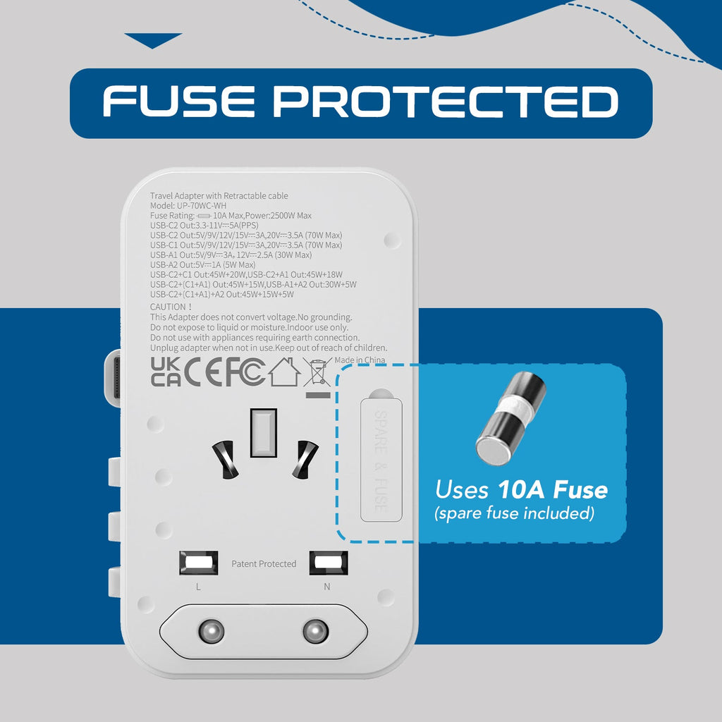 70W Universal Travel Adapter - 2 USB-C + 1 GaN 3.0 retractable cable, USB-C & 1 USB-C - (UP-70WC-WH) Ceptics