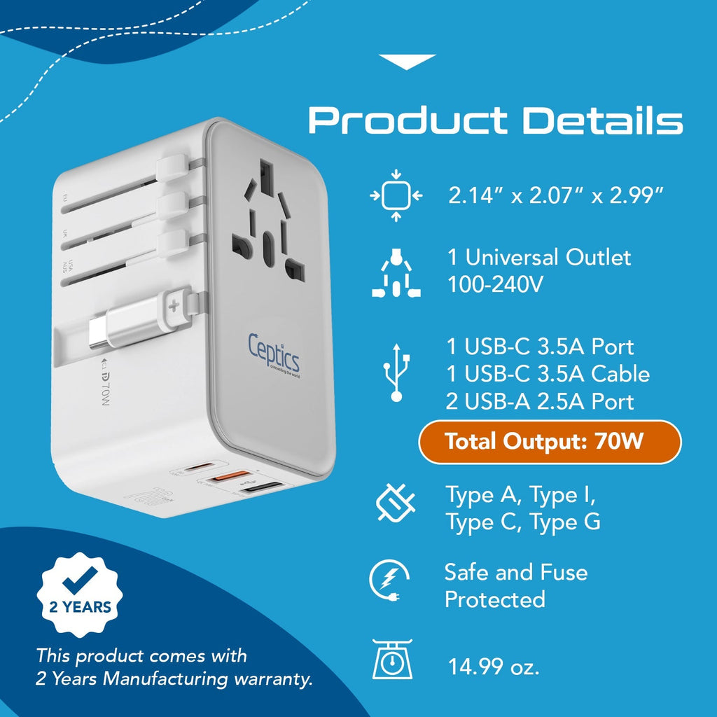 70W Universal Travel Adapter - 2 USB-C + 1 GaN 3.0 retractable cable, USB-C & 1 USB-C - (UP-70WC-WH) Ceptics