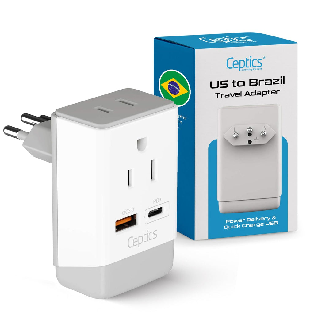 Brazil Travel Adapter | Type N - USB-A & USB-C Ports + 2 USA Outlet (AP-11C) Ceptics
