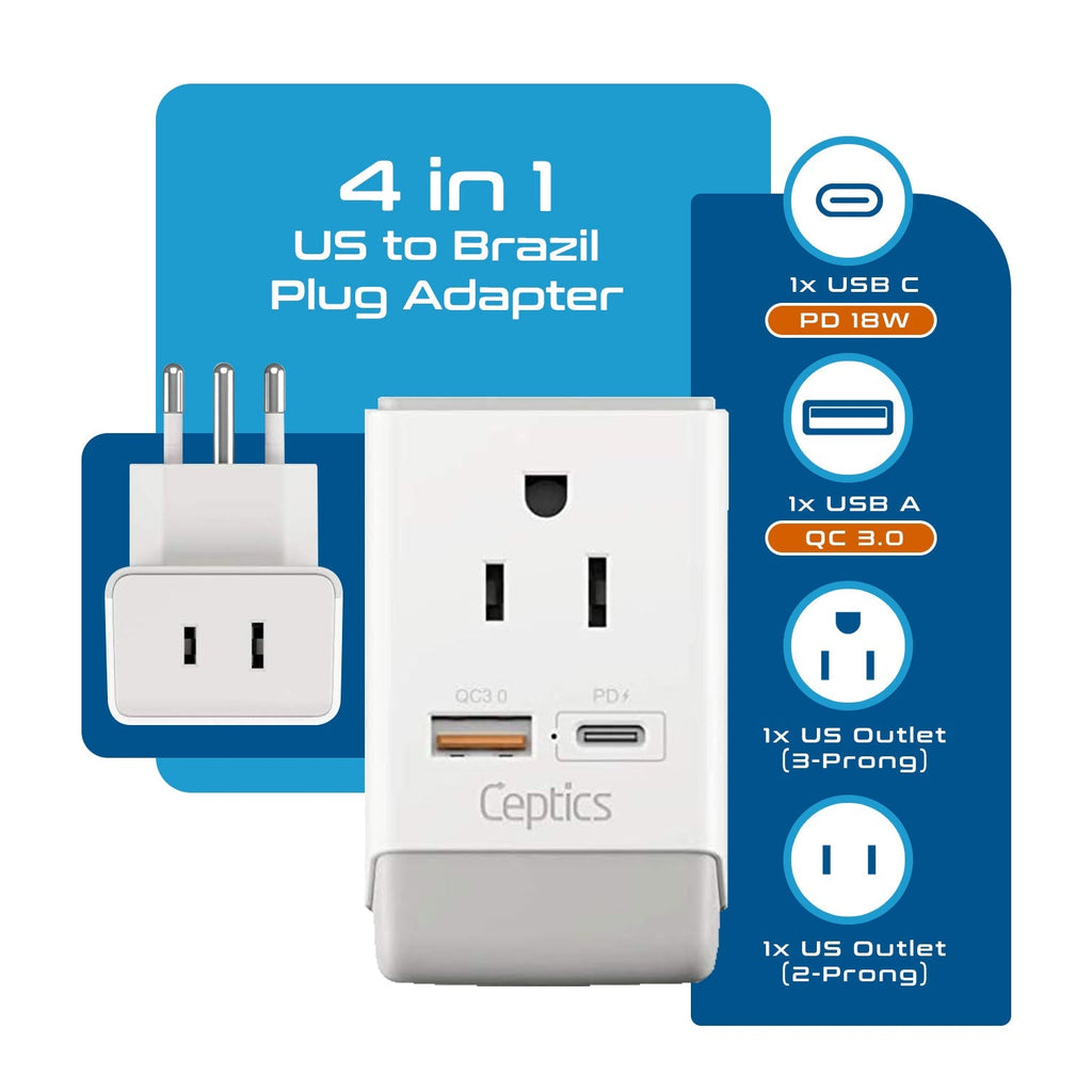 Brazil Travel Adapter | Type N - USB-A & USB-C Ports + 2 USA Outlet (AP-11C) Ceptics