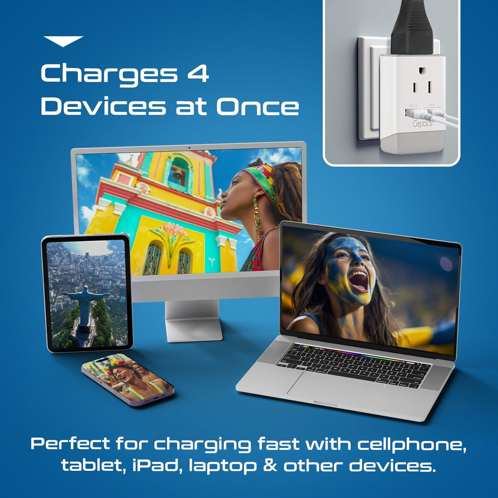Brazil Travel Adapter | Type N - USB-A & USB-C Ports + 2 USA Outlet (AP-11C) Ceptics