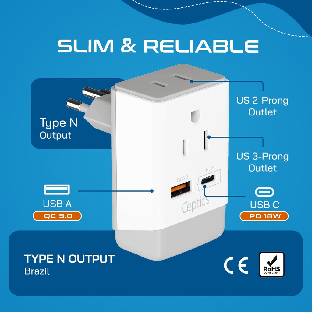Brazil Travel Adapter | Type N - USB-A & USB-C Ports + 2 USA Outlet (AP-11C) Ceptics