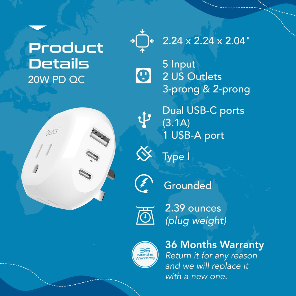 Australia, New Zealand, China Travel Plug Adapter - Type I - 5 in 1 - Ultra Compact (PTU-16) Ceptics